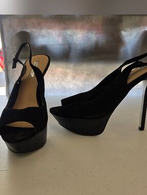 H by Halston Black Suede Snake Platform Slingback Pumps | Size 10